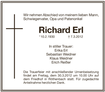 Traueranzeige von Richard Erl von Pegnitz-Zeitung